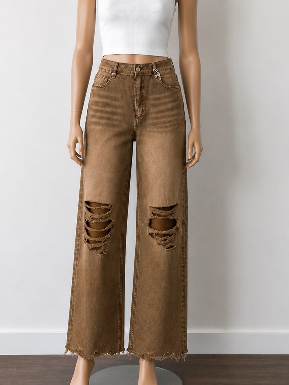 Zenana Outfitters Brown Distressed Wide-Leg Jeans